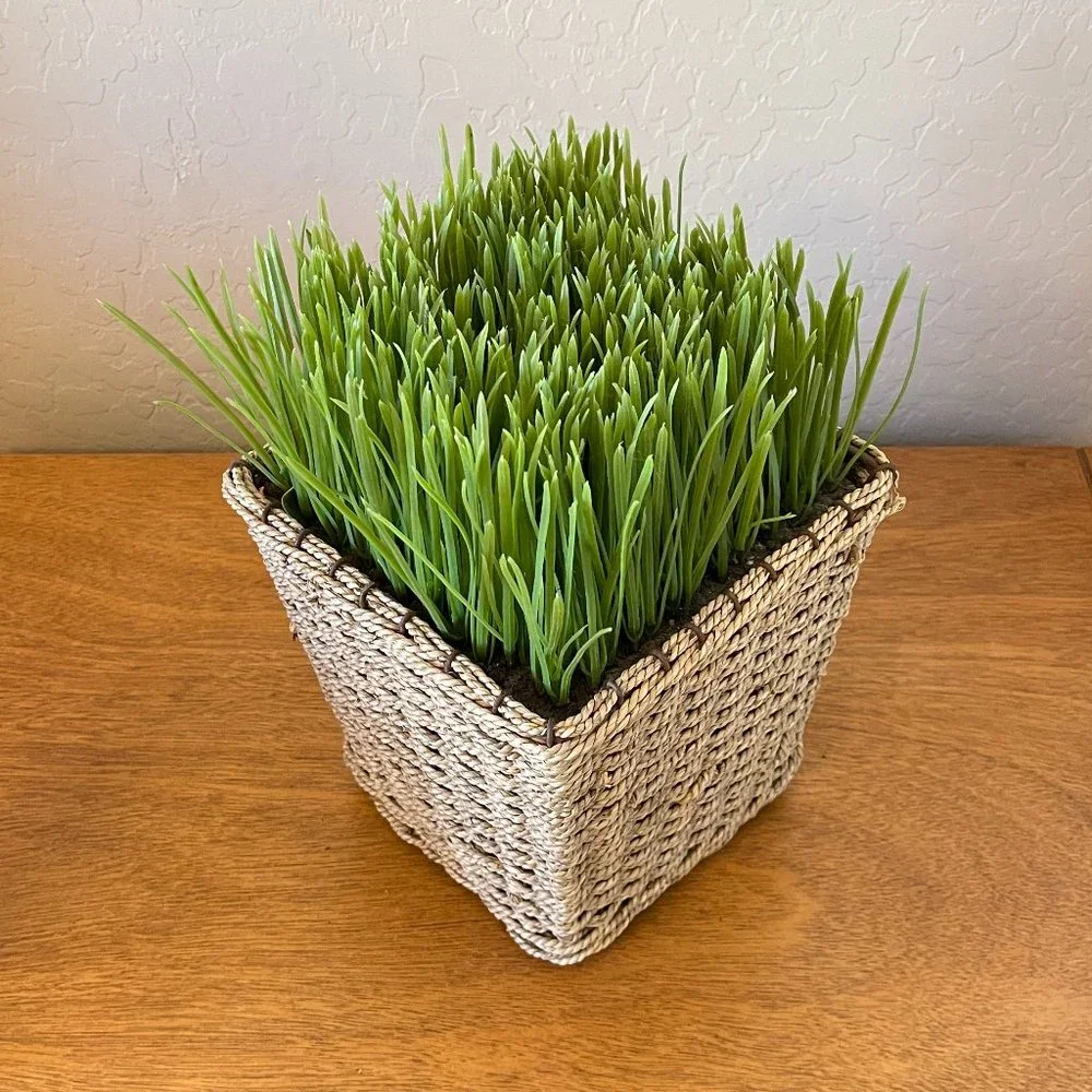 Faux Fake Plant Green Grass Basket Pot in Woven Square Table Top Decor